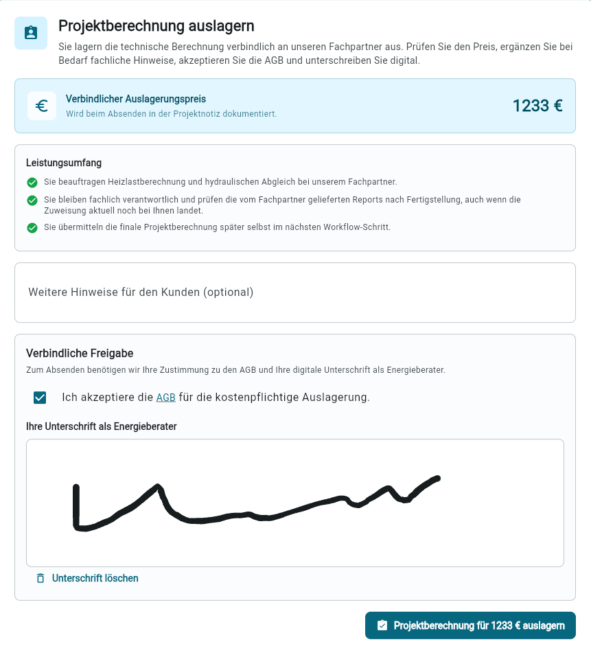 Thermoapp Ansicht zum Auslagern einer Berechnung